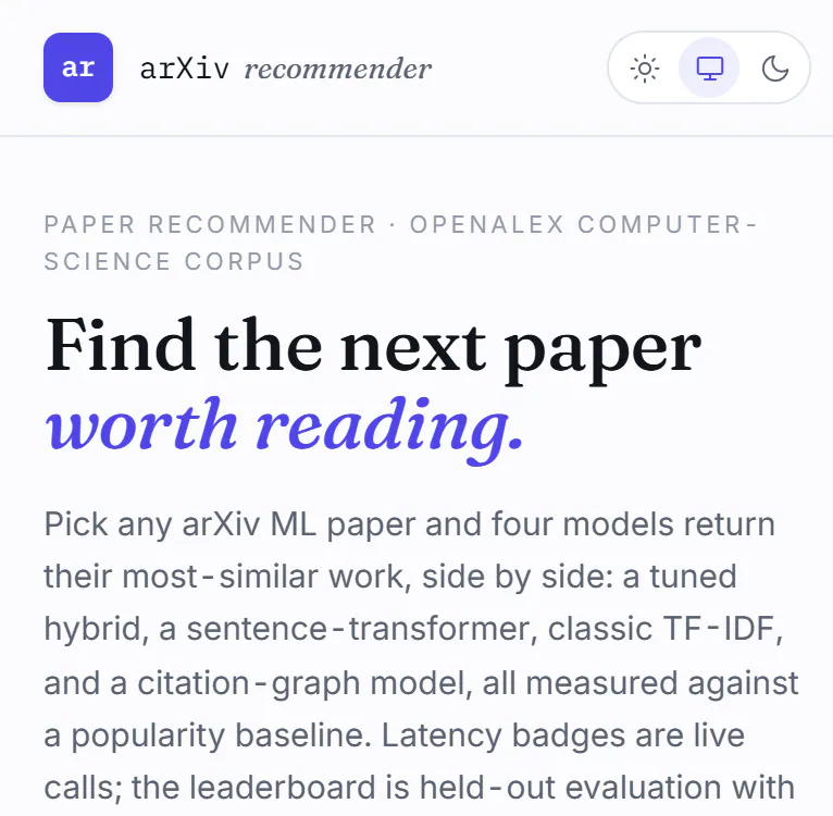 arXiv recommender mobile view stacked single column with KPI tiles, seed card, and stacked algorithm columns