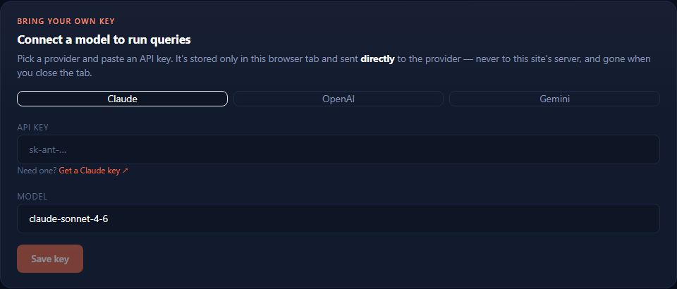 Automotive Analyst bring-your-own-key panel with Claude, OpenAI, and Gemini provider options