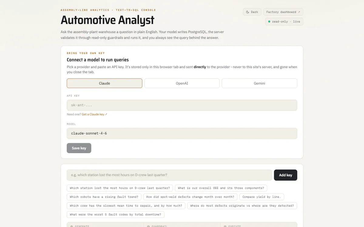 Automotive Analyst text-to-SQL app with BYOK panel, sample questions, and guardrail workflow