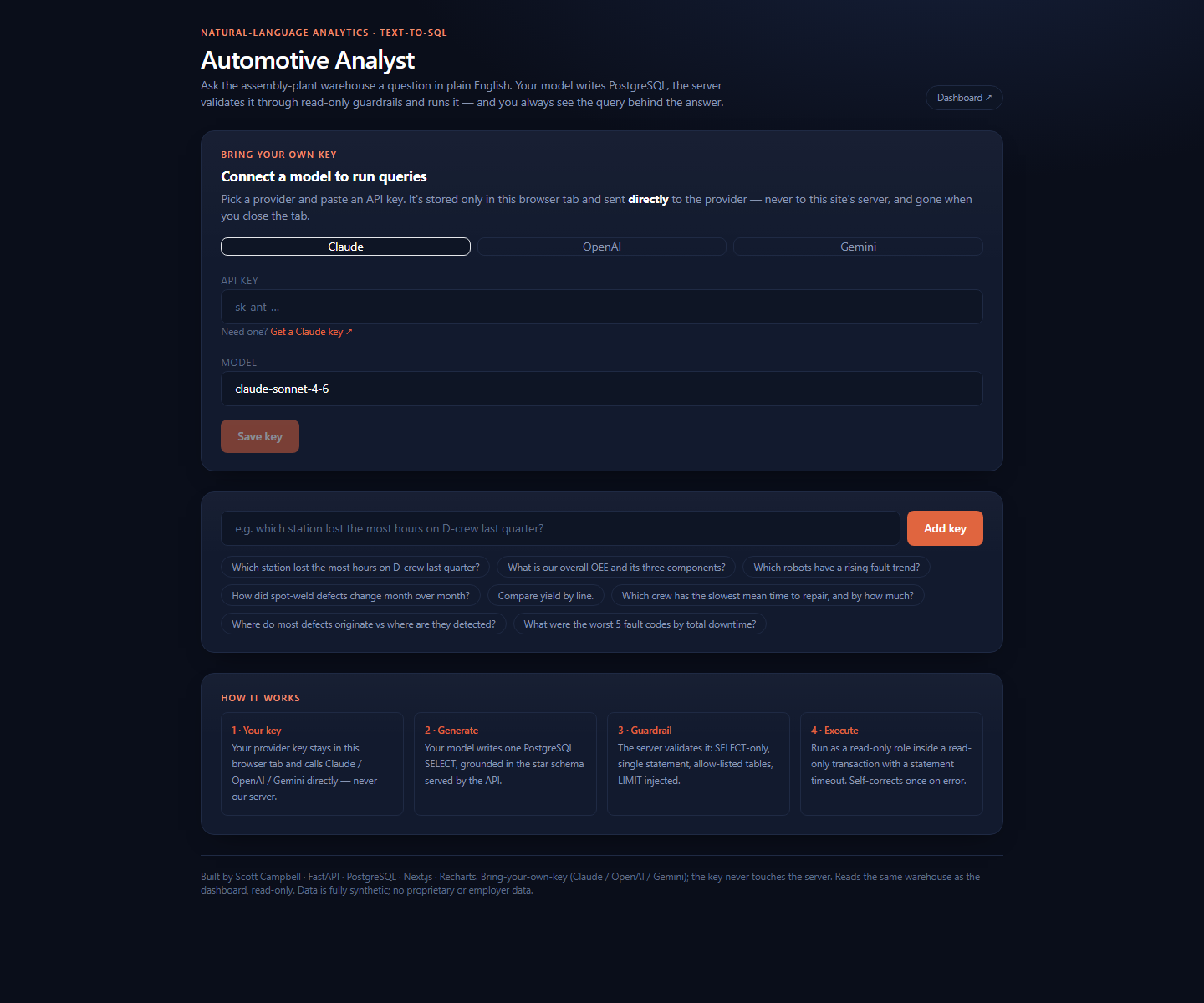 Automotive Analyst text-to-SQL app with BYOK panel, sample questions, and guardrail workflow