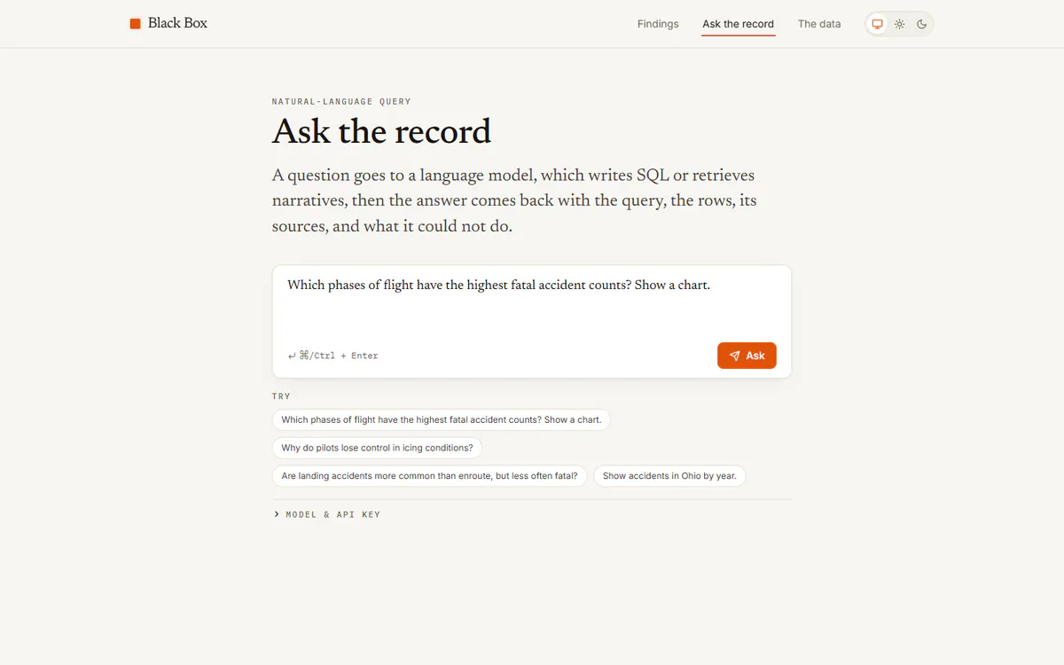 Black Box AI Ask the record natural-language query console with sample questions