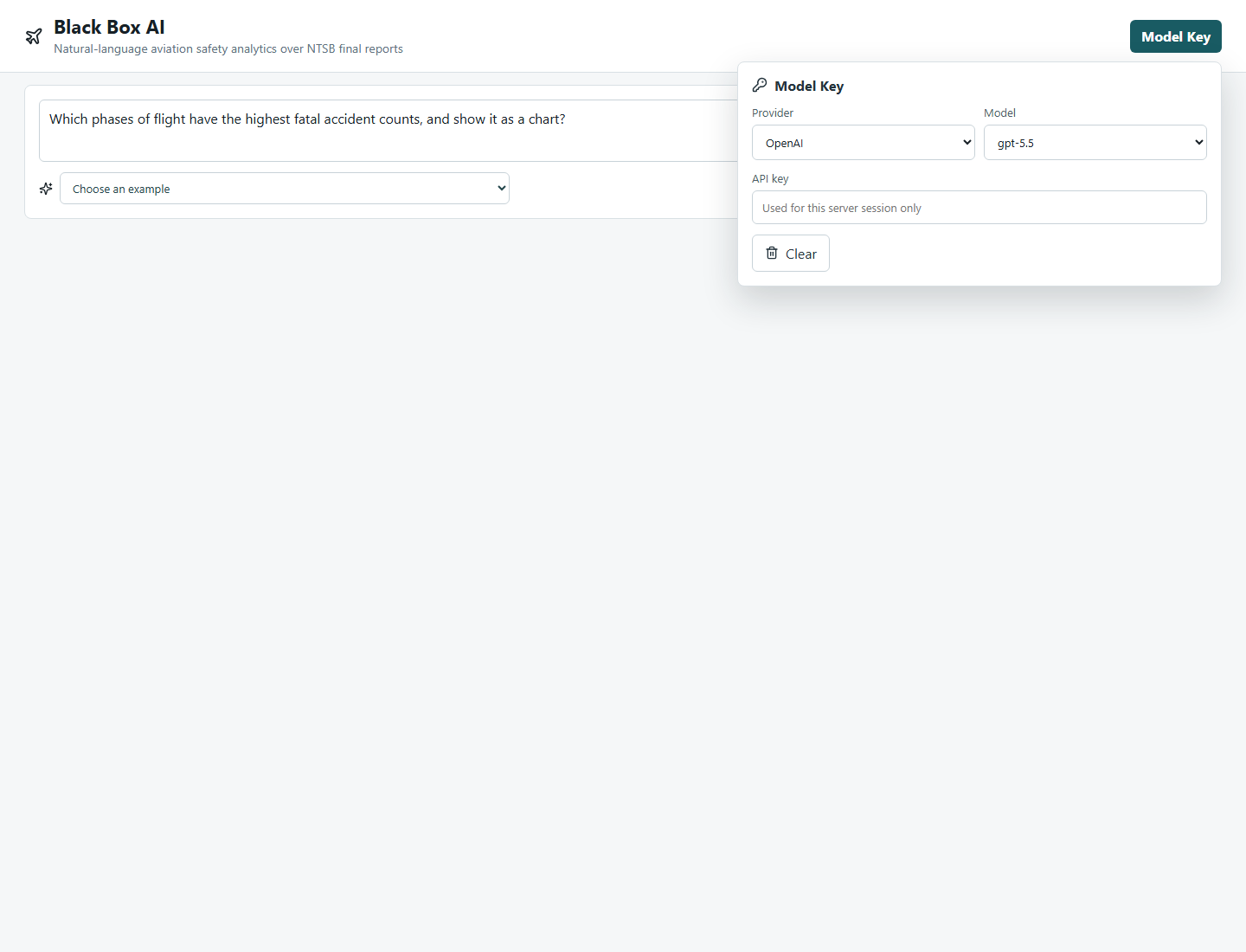 Black Box AI model key panel with provider, model, and session key controls