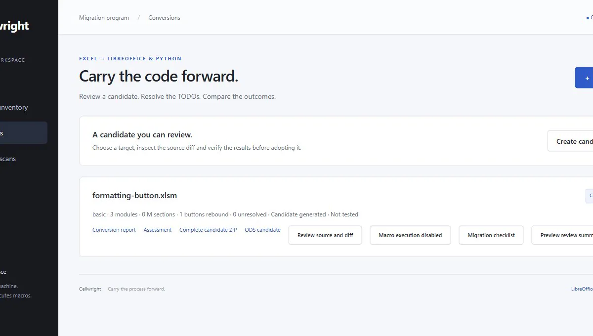 Cellwright local dashboard showing a conversion candidate with macro execution disabled